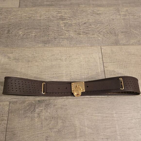 Michael Kors Genuine Brown Leather Perforated Belt Logo Lock Buckle L - Picture 3 of 8